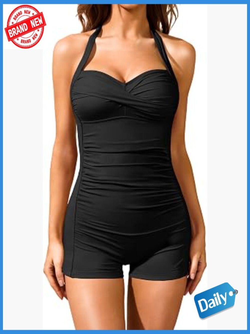 Tummy Control One Piece Swimsuits with Shorts Boyleg Retro Halter Bathing Suit